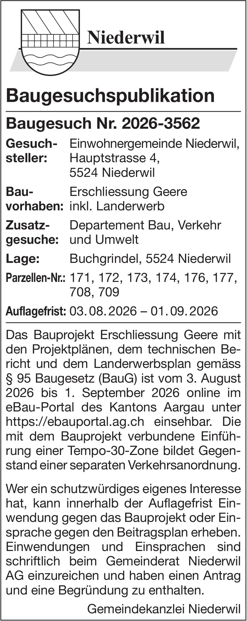 Baugesuche, Niederwil - Baugesuchspublikation, Baugesuch Nr. 2026-3562, Einwohnergemeinde Niederwil
