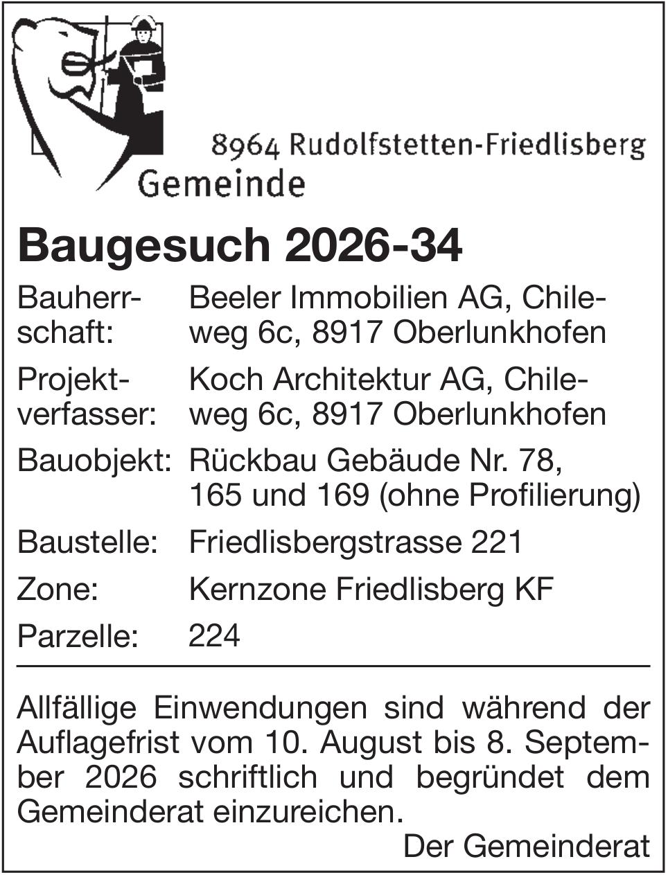 Baugesuche, Rudolfstetten-Friedlisberg - Baugesuch 2026-34, Beeler Immoblien AG