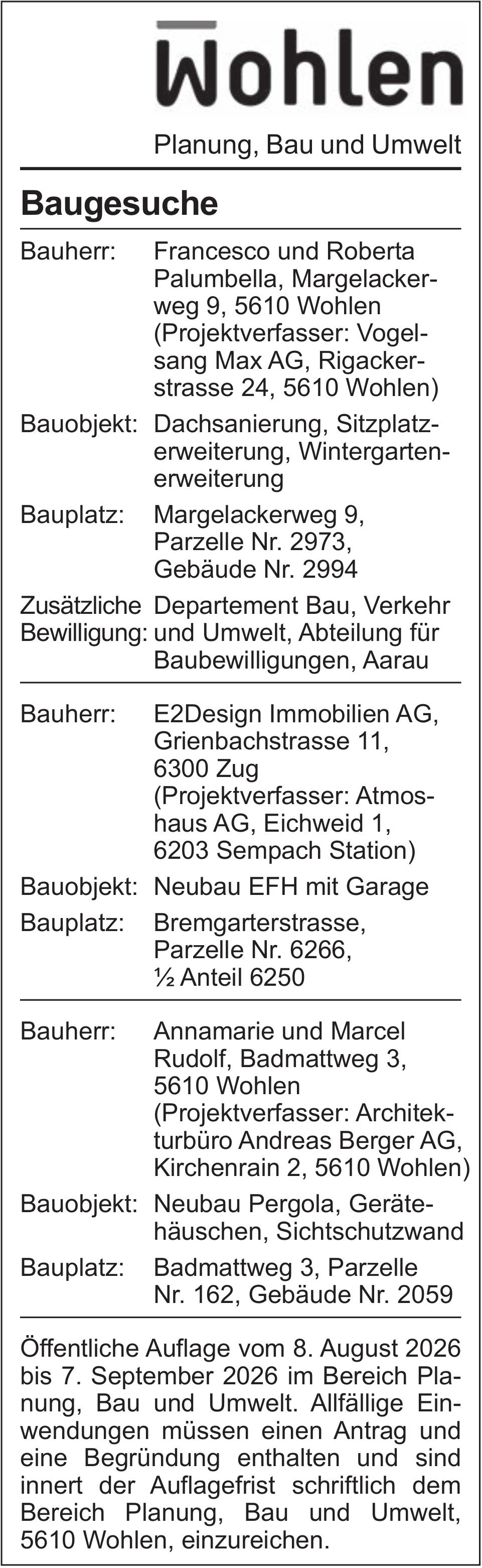 Baugesuche, Wohlen