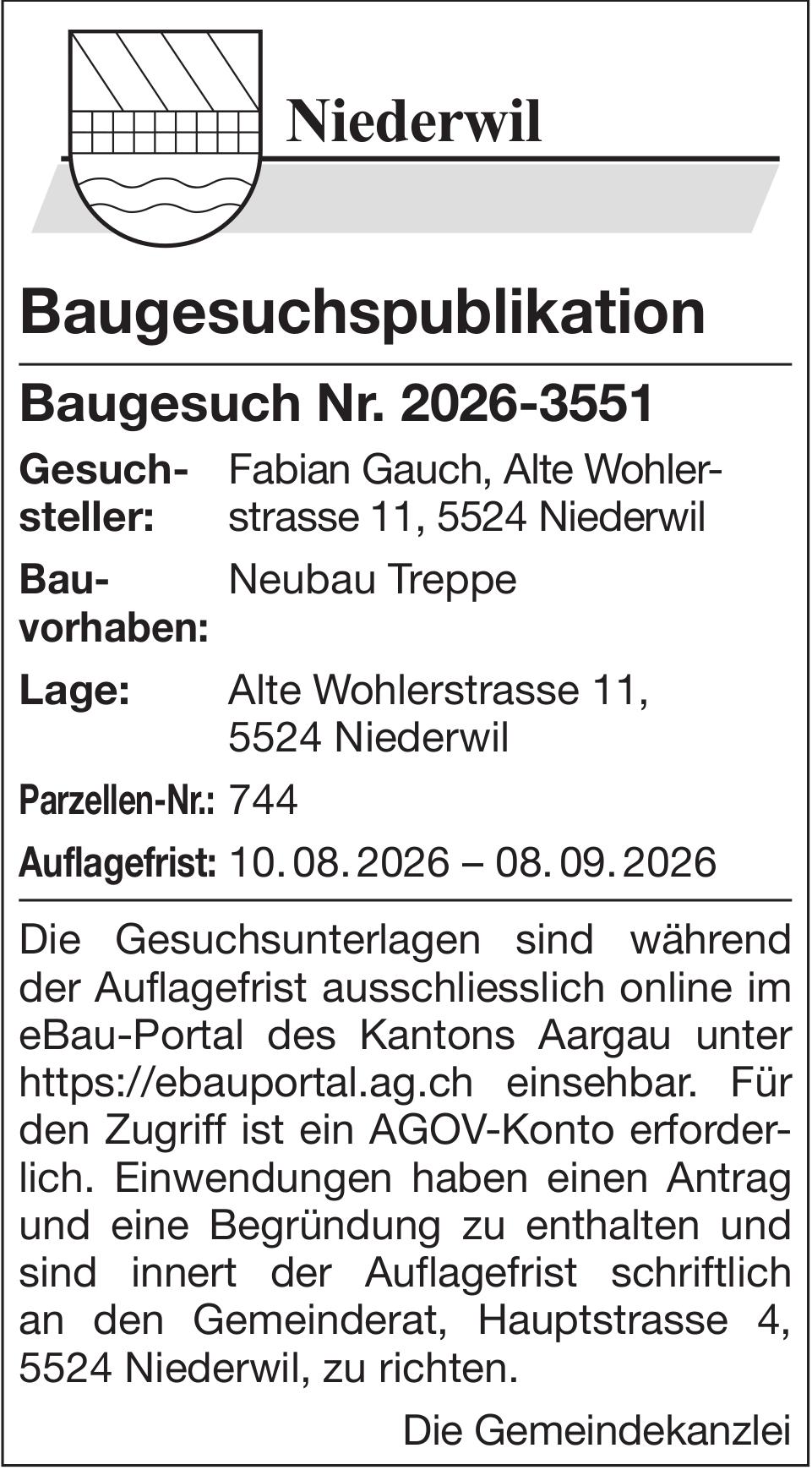 Baugesuche, Niederwil - Baugesuchspublikation, Baugesuch Nr. 2026-3551 - Fabian Gauch