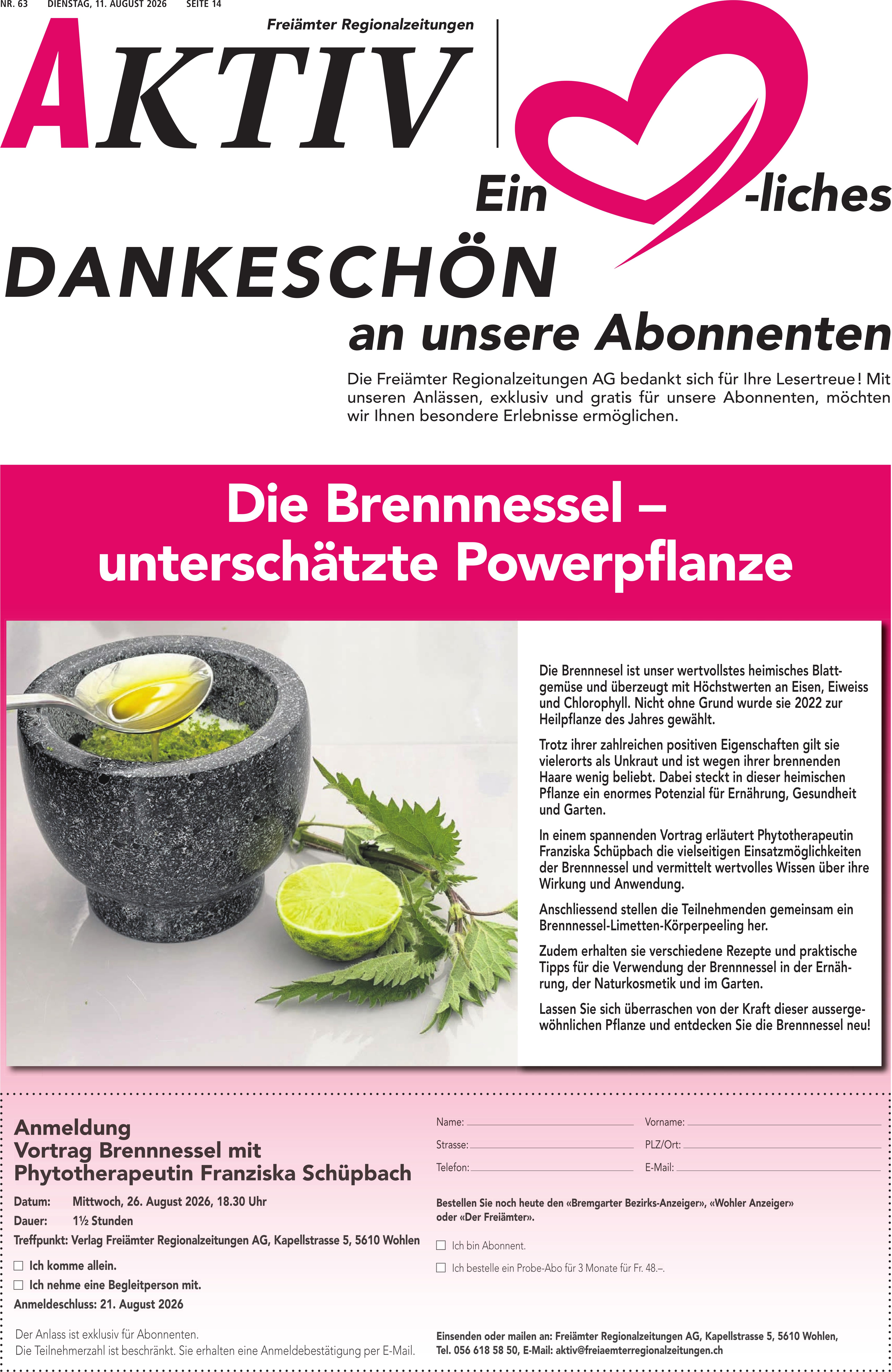 Vortrag Brennnessel mit Phytotherapeutin Franziska Schüpbach, 26. August, Verlag Freiamter Regionalzeitungen AG, Wohlen