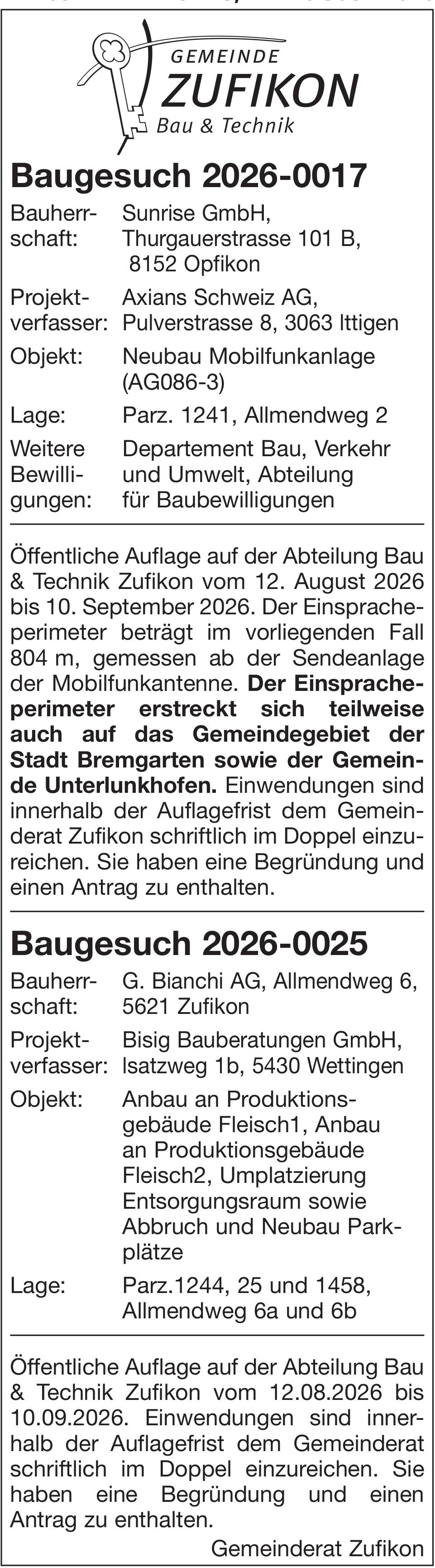 Baugesuche, Opfikon - Bauherr- Sunrise GmbH, Baugesuch 2026-0017