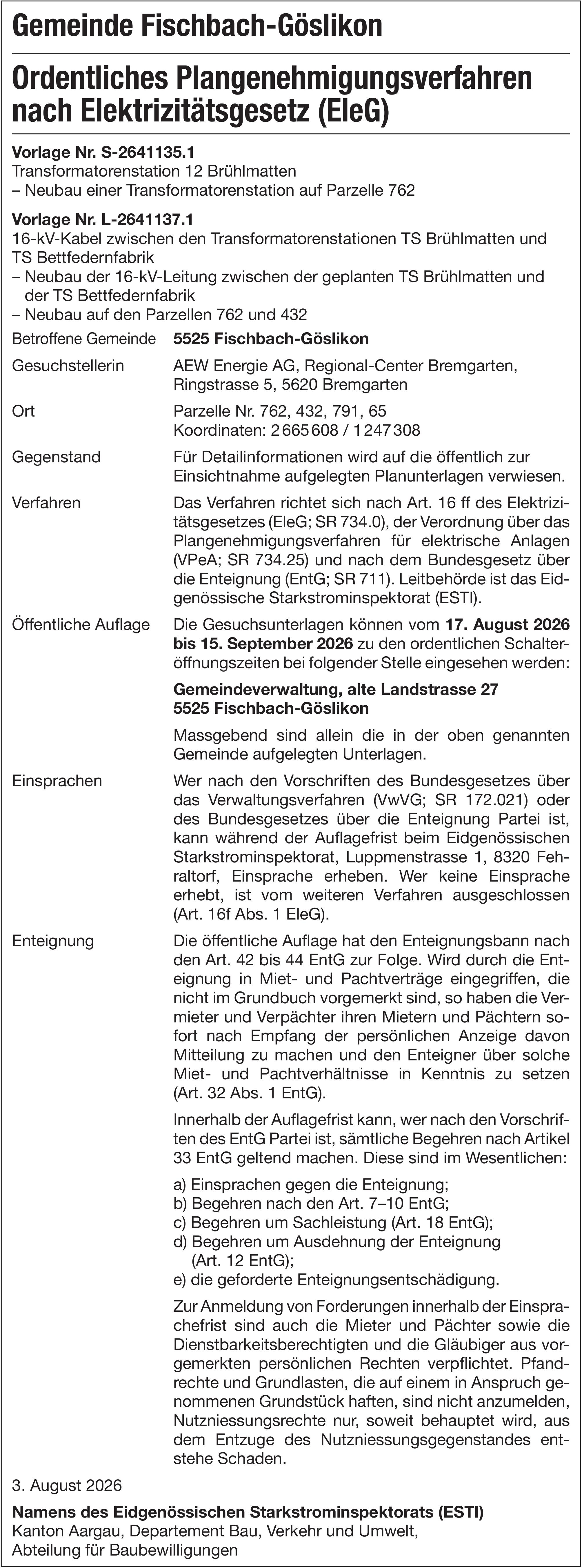 Sonstiges, Fischbach-Göslikon - Ordentliches Plangenehmigungsverfahren nach Elektrizitätsgesetz (EleG)