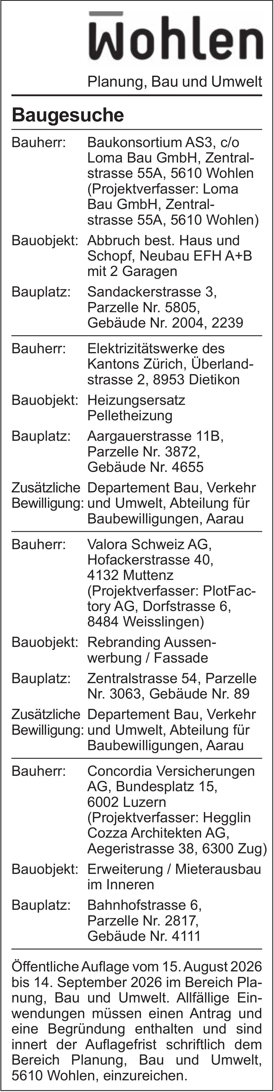 Baugesuche, Wohlen