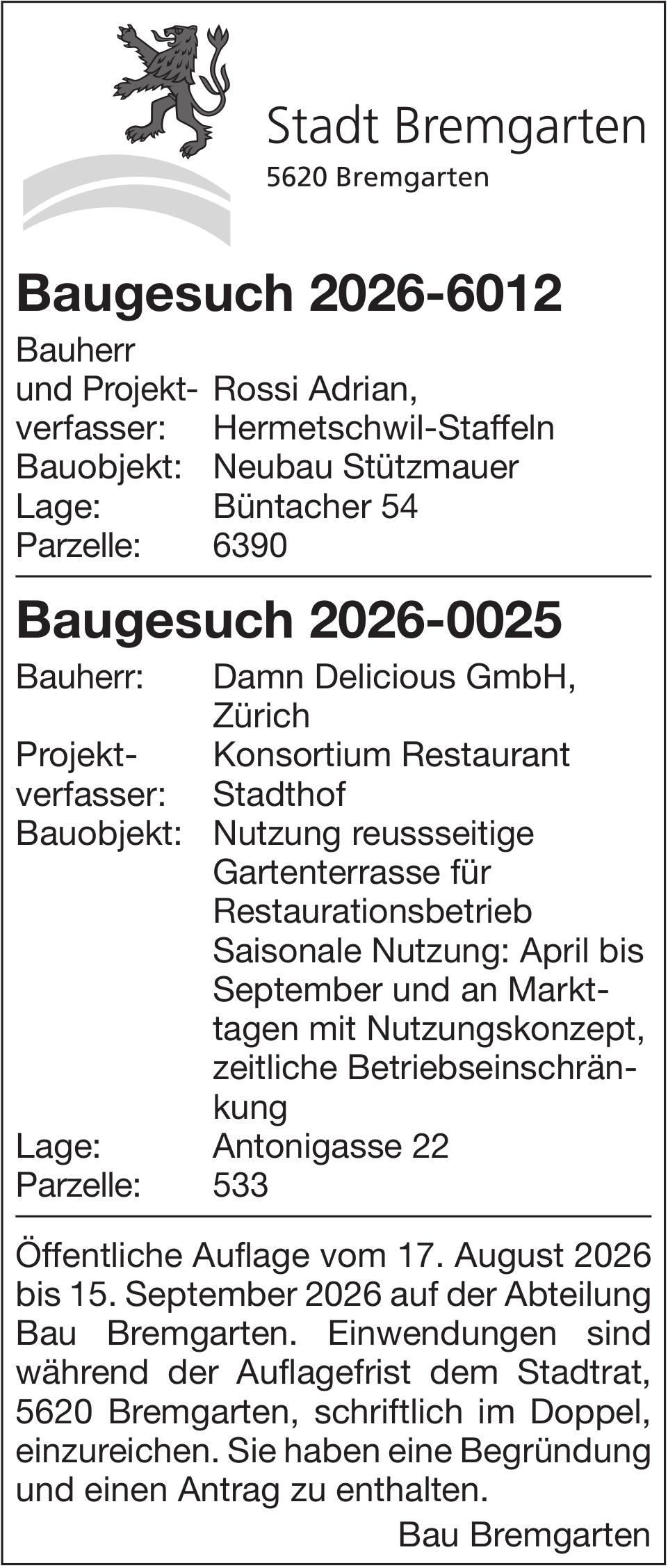 Baugesuche, Bremgarten - Baugesuche 2026-6012 & 2026-0025