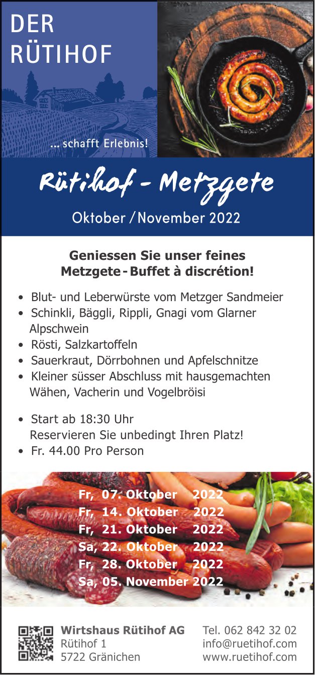 Wirtshaus Rütihof AG, Gränichen - Rütihof-Metzgete, Oktober - November 2022