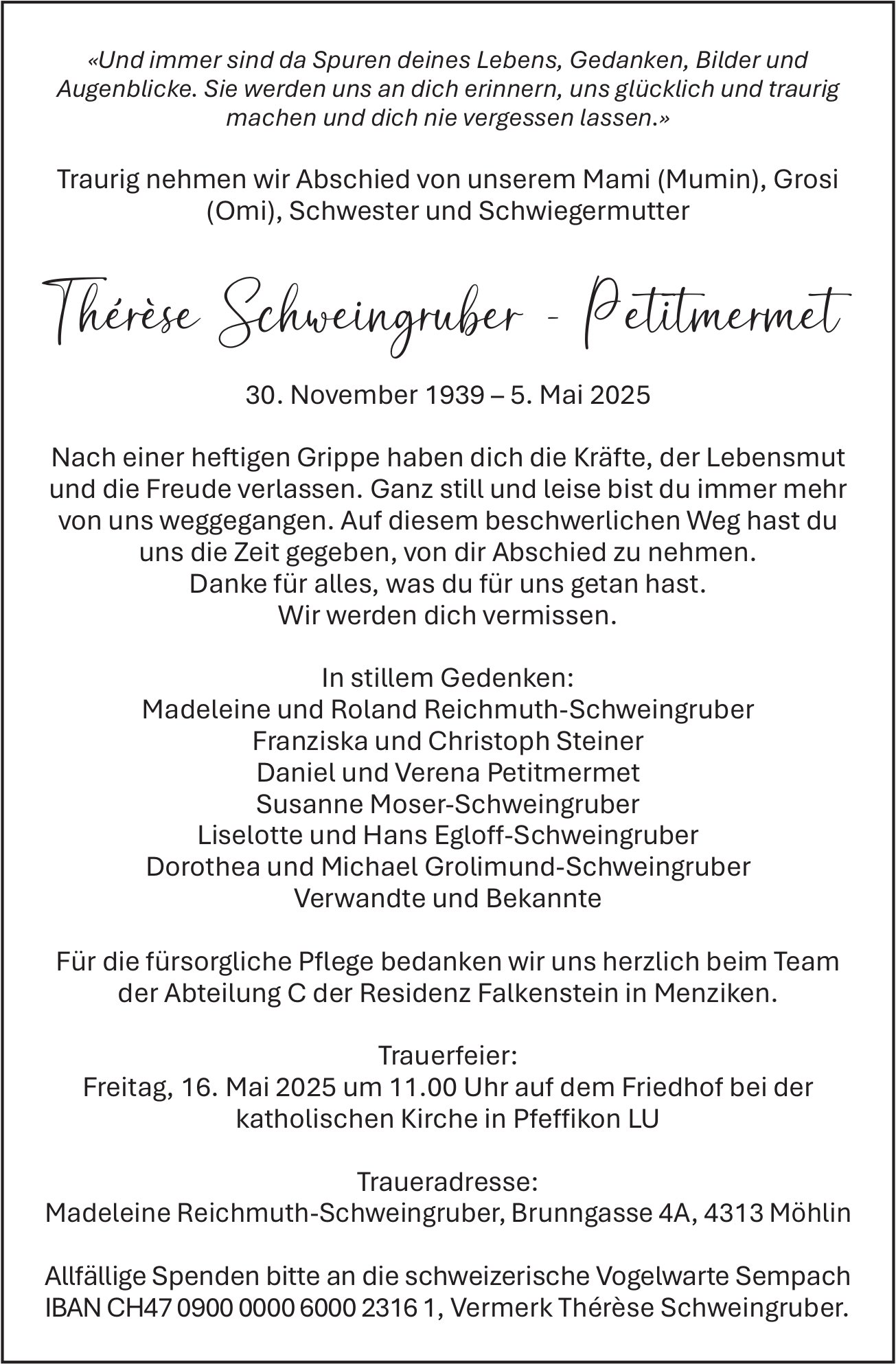 Schweingruber-Petitmermet Thérèse, Mai 2025 / TA