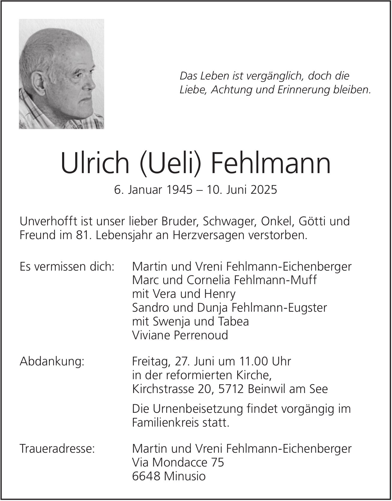 Fehlmann Ulrich (Ueli), Juni 2025 / TA
