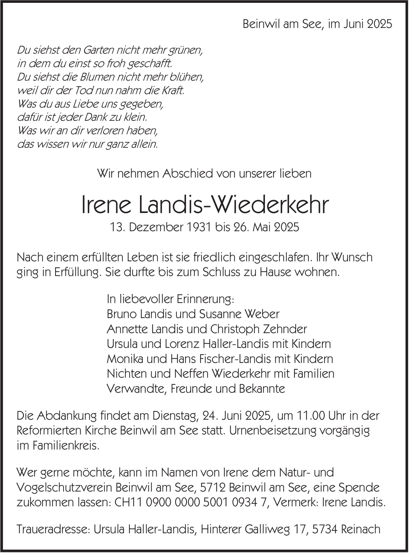Landis-Wiederkehr Irene, Mai 2025 / TA