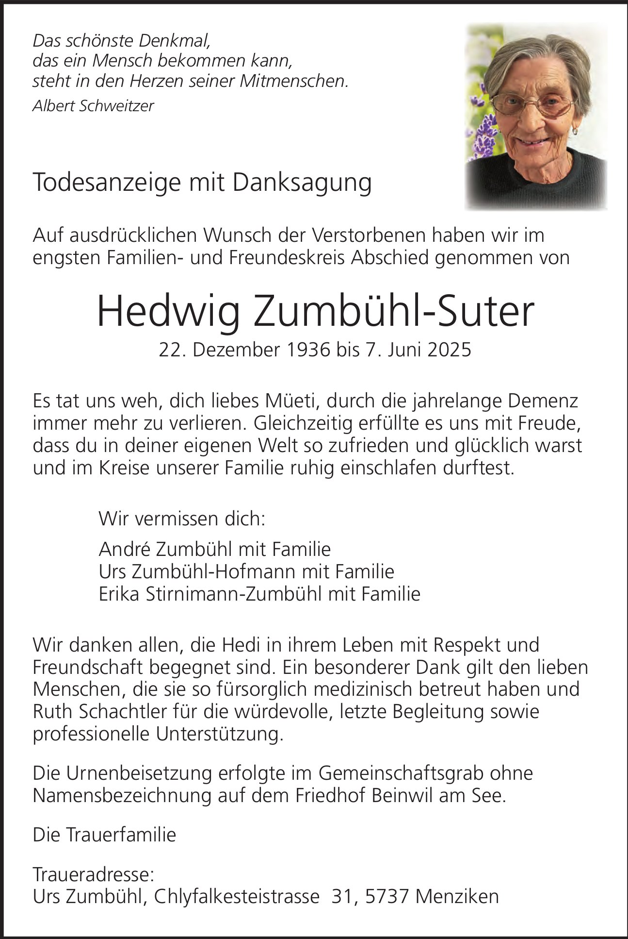 Zumbühl-Suter Hedwig, Juni 2025 / TA