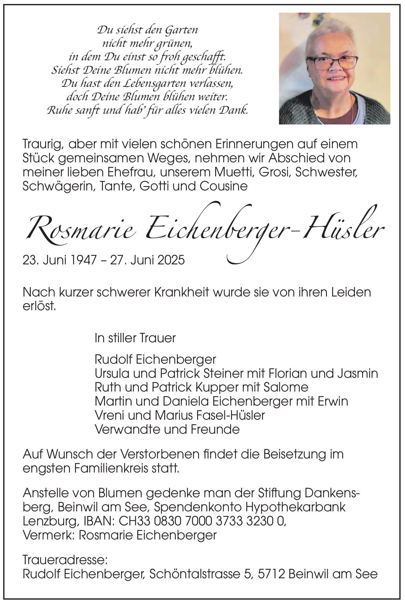 Eichenberger-Hüsler Rosmarie, Juni 2025 / TA