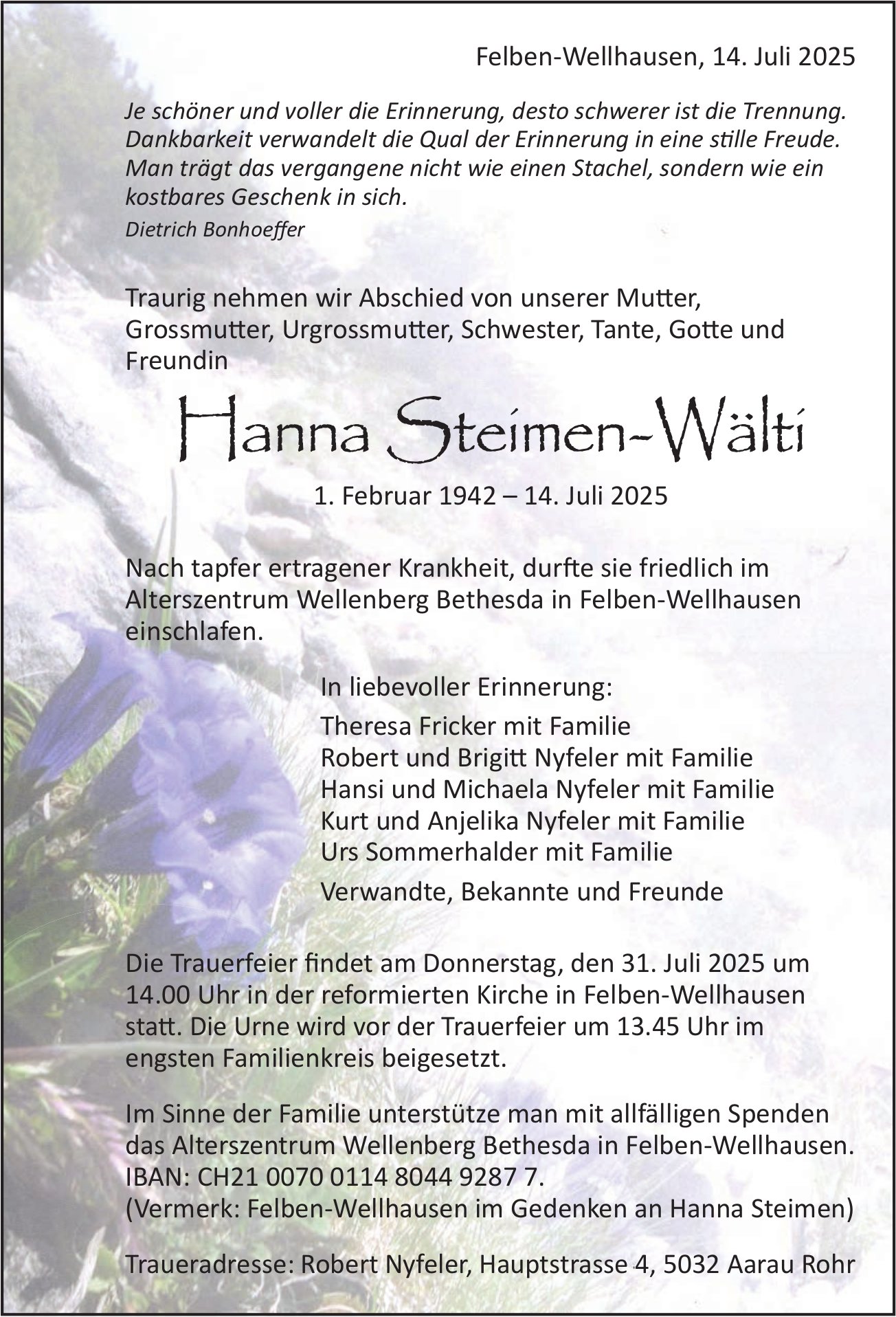 Steimen-Wälti Hanna, Juli 2025 / TA