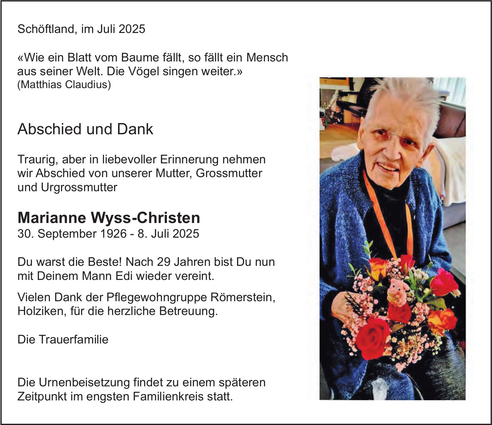 Wyss-Christen Marianne, im Juli 2025 / DS