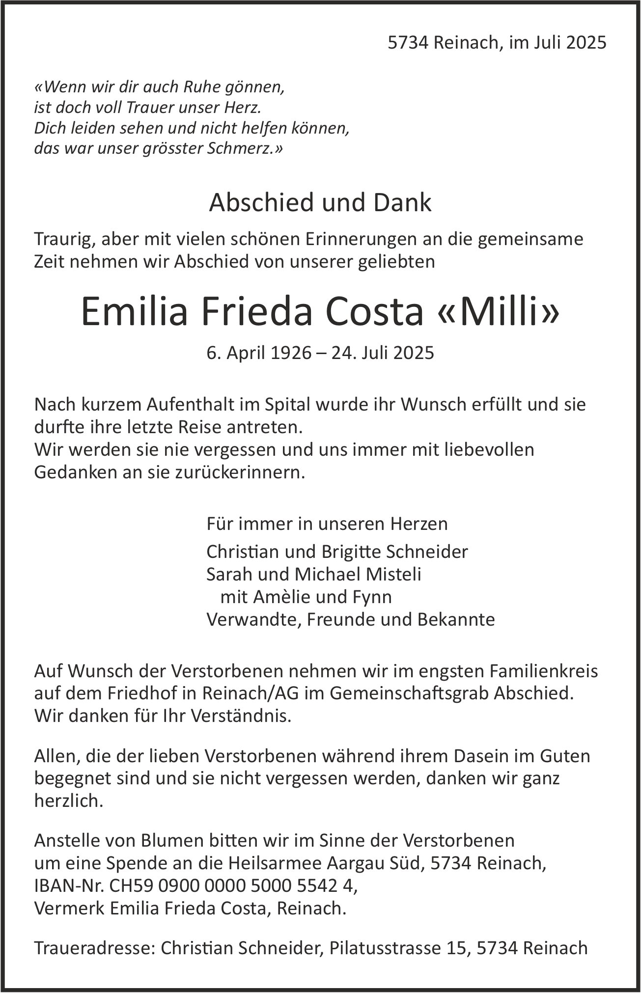 Costa Frieda  «Milli» Emilia, Juli 2025 / TA