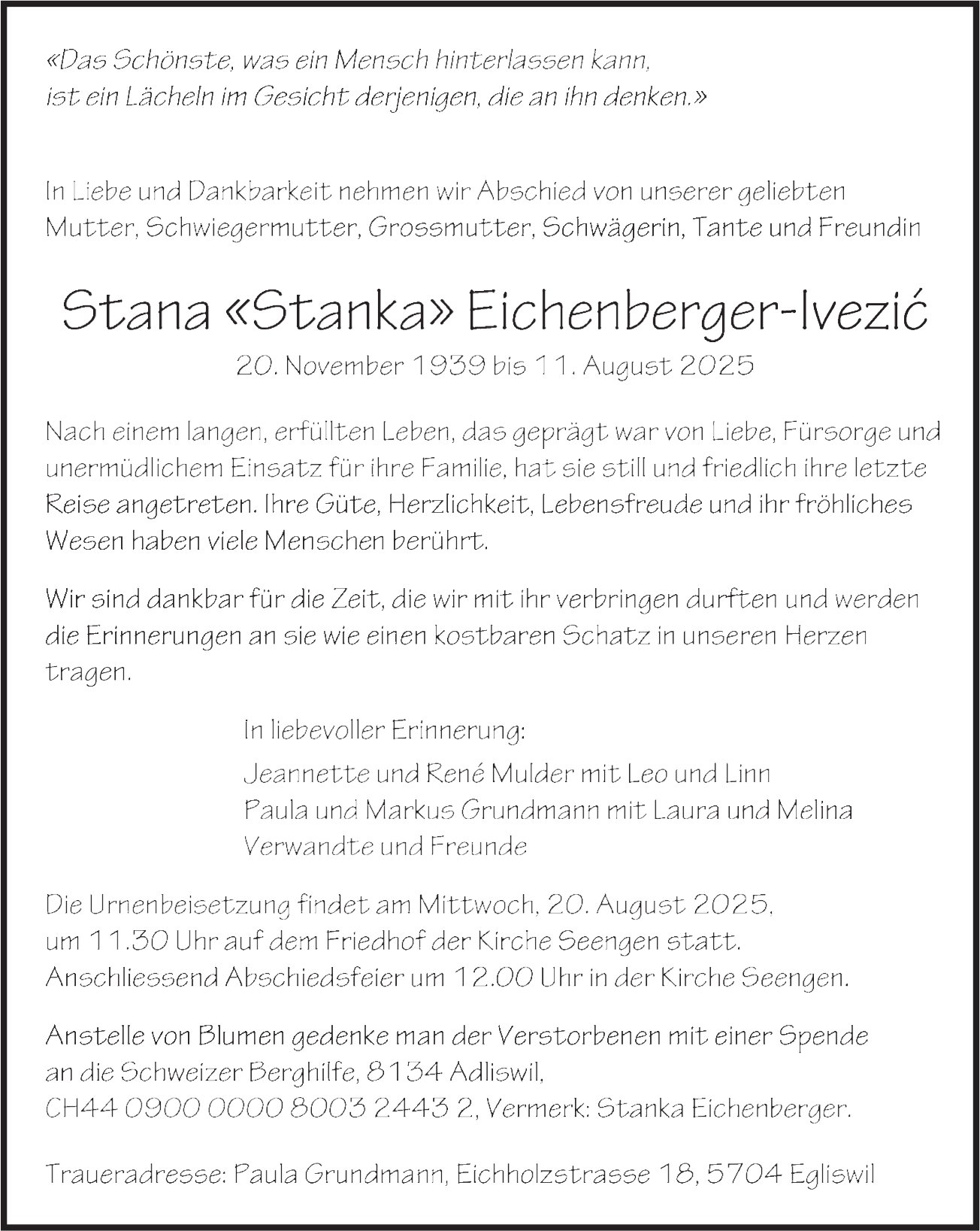 Eichenberger-Ivezić Stana «Stanka», August 2025 / TA