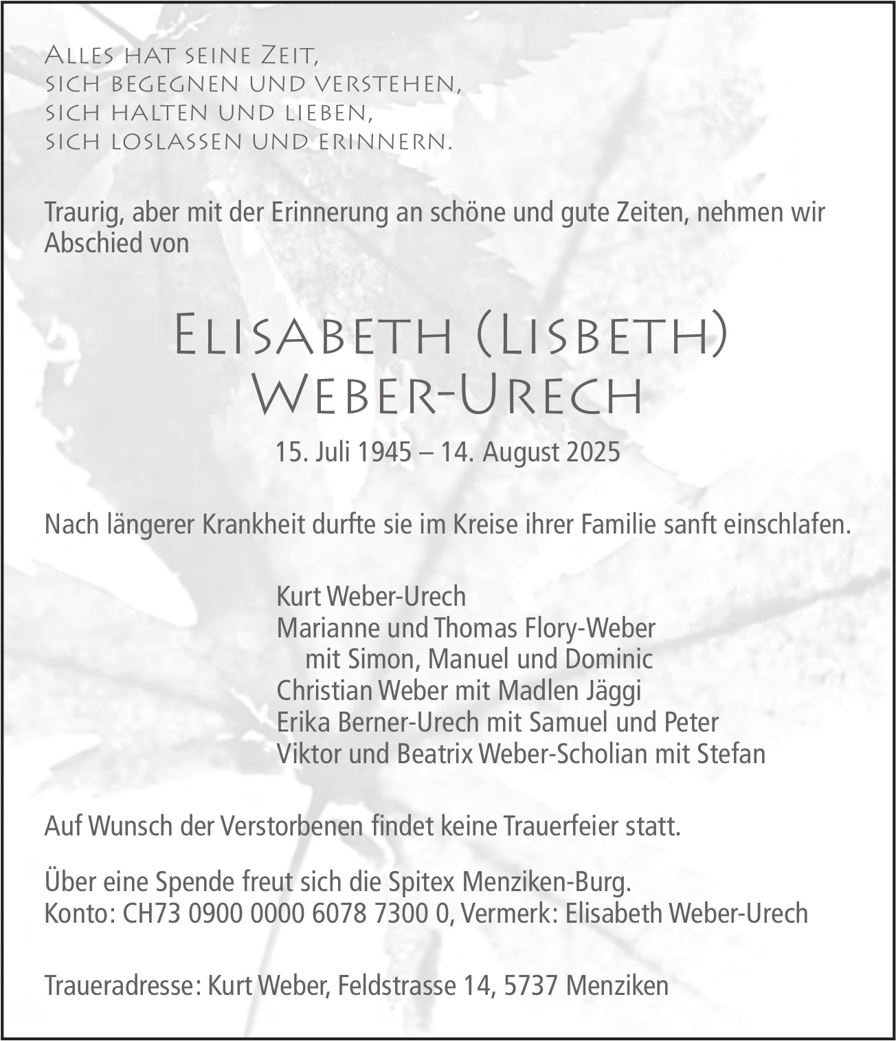 Weber-Urech Elisabeth (Lisbeth) , August 2025 / TA