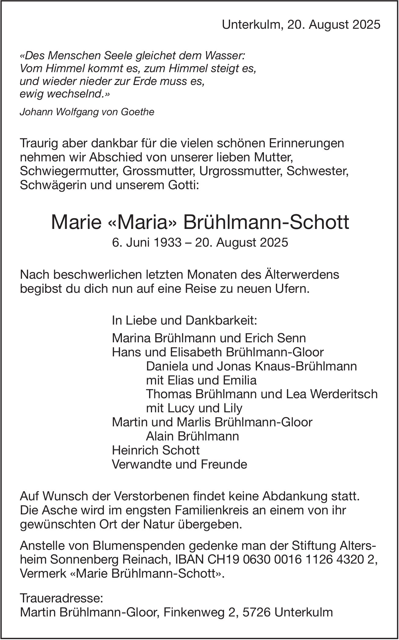 Brühlmann-Schott Marie «Maria», August 2025 / TA