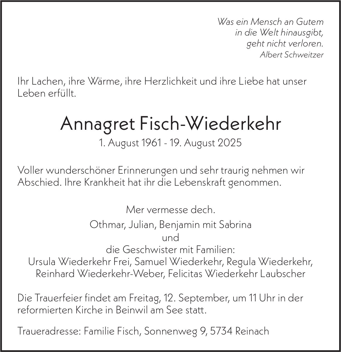 Fisch-Wiederkehr Annagret, August 2025 / TA