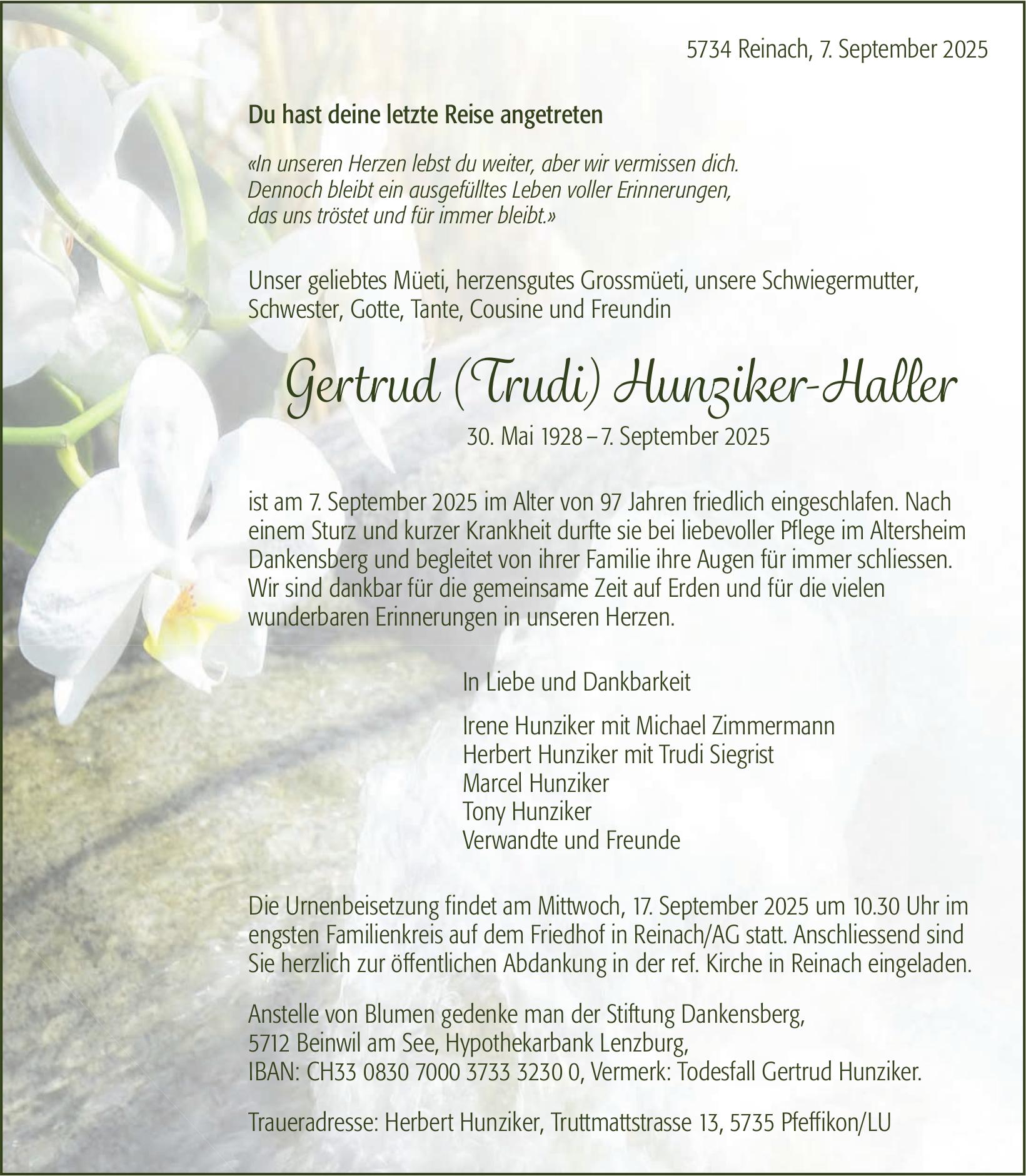 Hunziker-Haller Gertrud (Trudi), September 2025 / TA