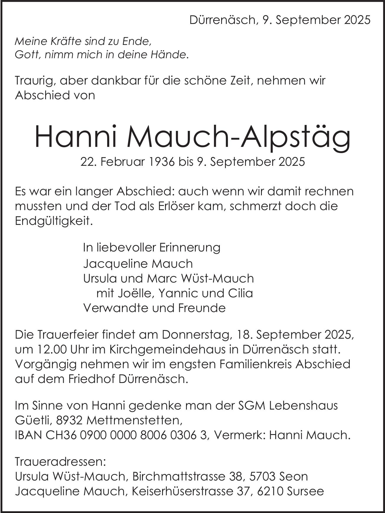 Mauch-Alpstäg Hanni, September 2025 / TA
