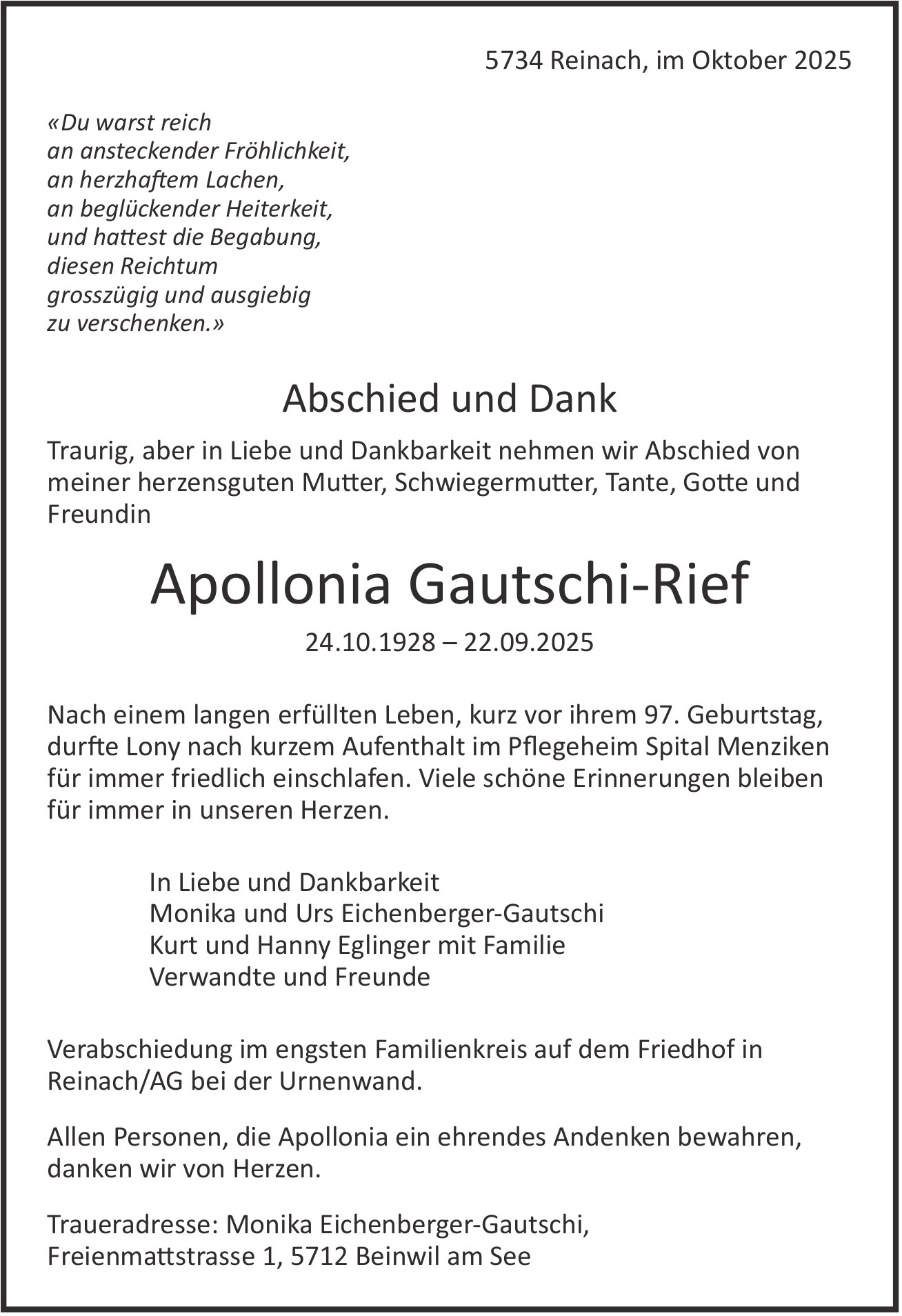 Gautschi-Rief, Apollonia, September 2025 / TA