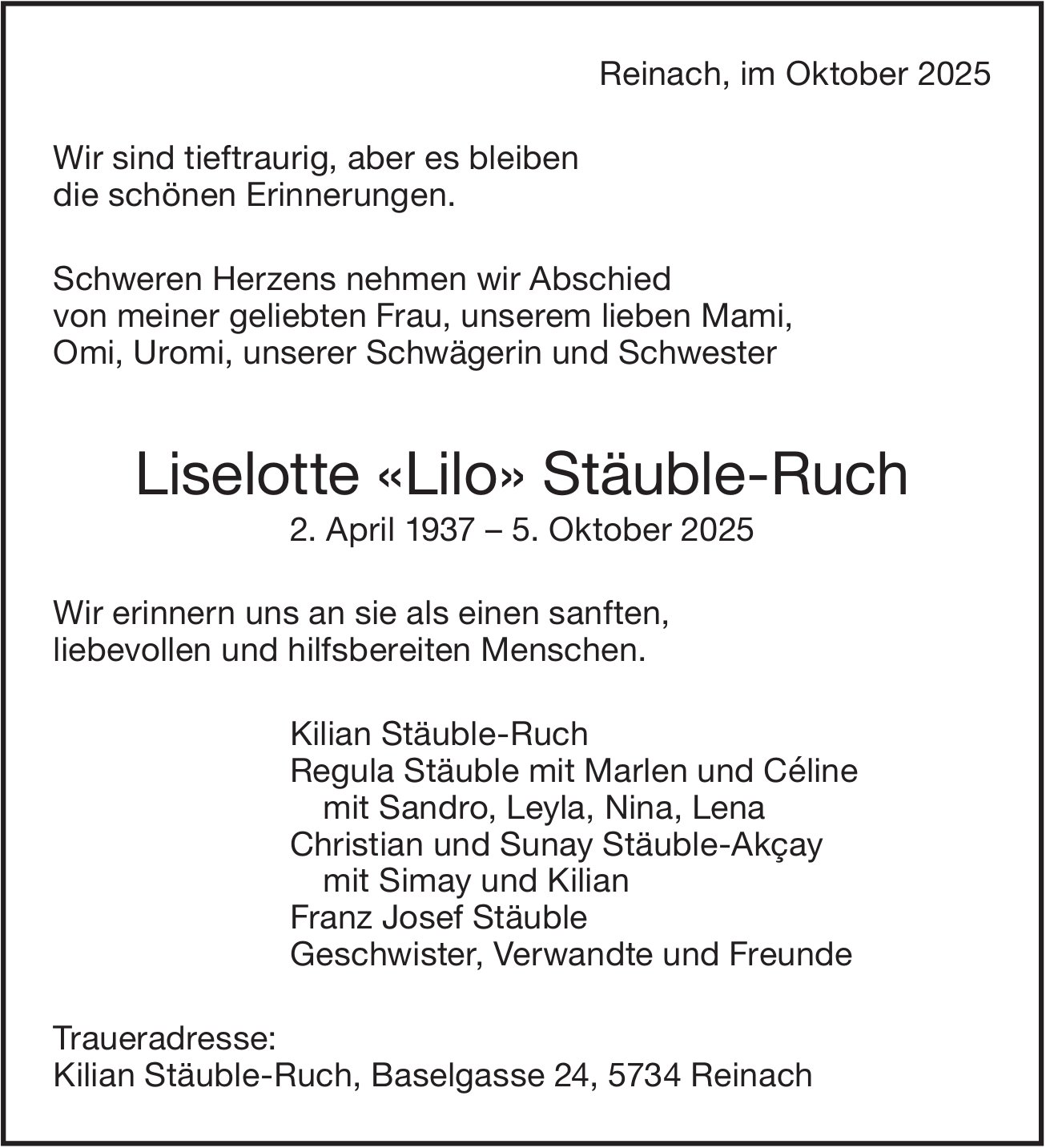 Stäuble-Ruch, Liselotte «Lilo», Oktober 2025 / TA