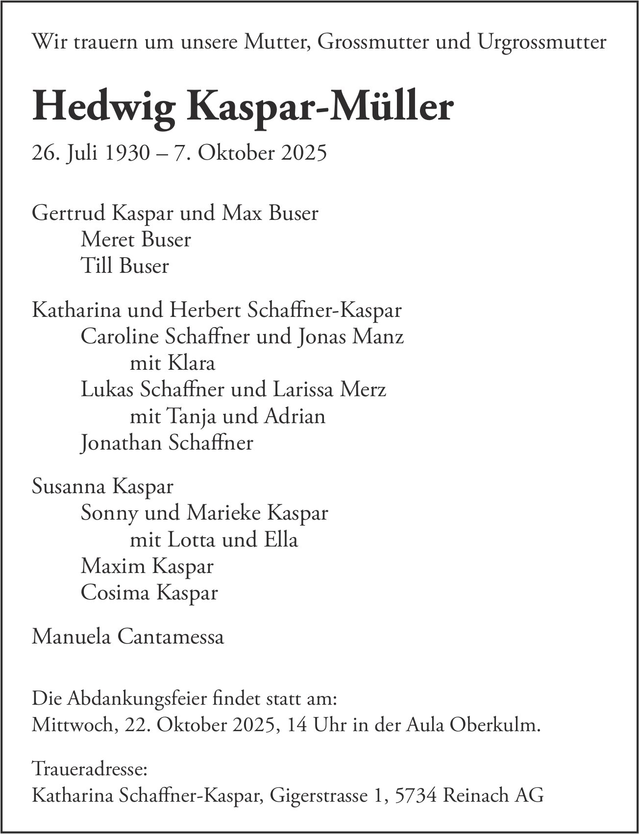 Kaspar-Müller Hedwig, Oktober 2025 / TA