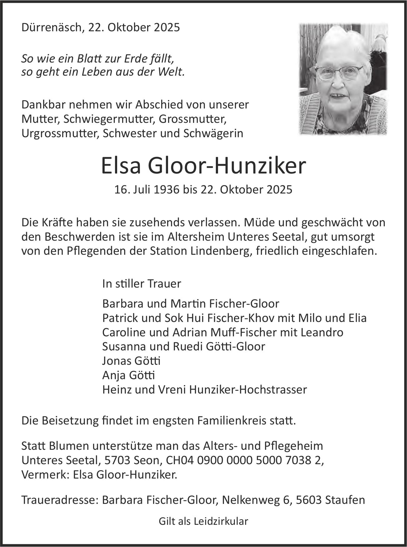 Gloor-Hunziker Elsa, Oktober 2025 / TA