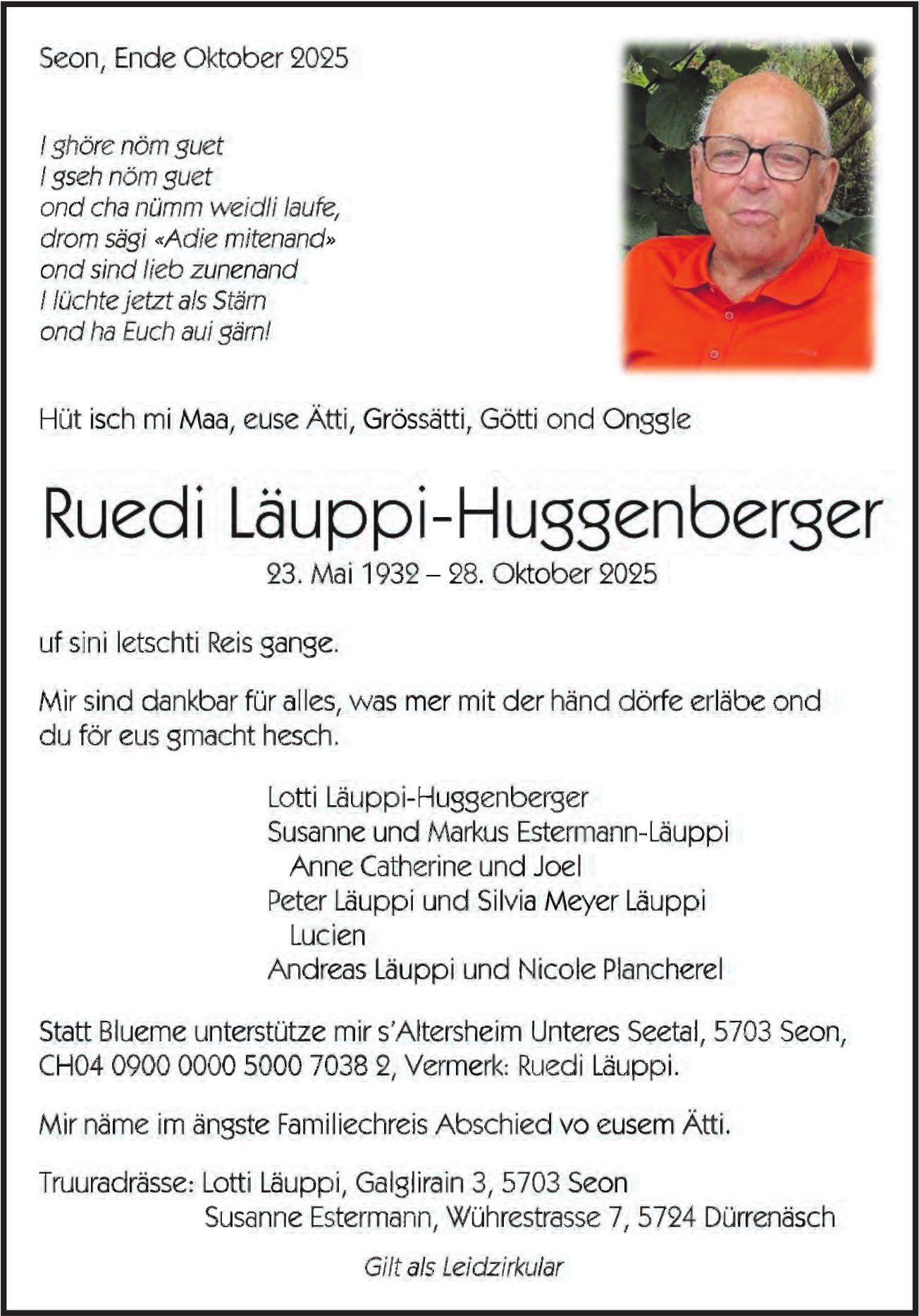 Läuppi-Hussenberger Ruedi, Oktober 2025 / TA