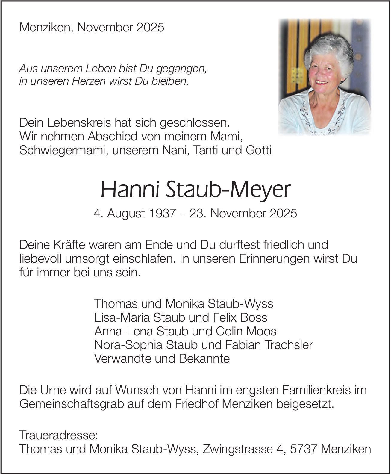 Staub-Meyer Hanni, November 2025 / TA