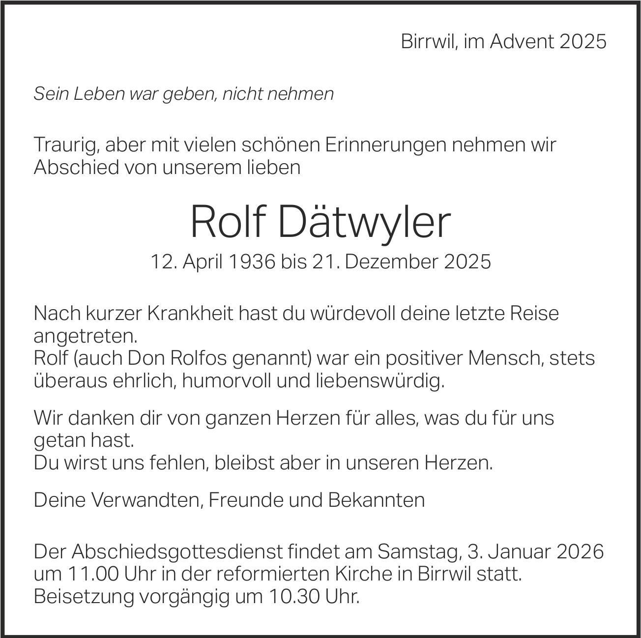 Dätwyler Rolf, Dezember 2025 / TA