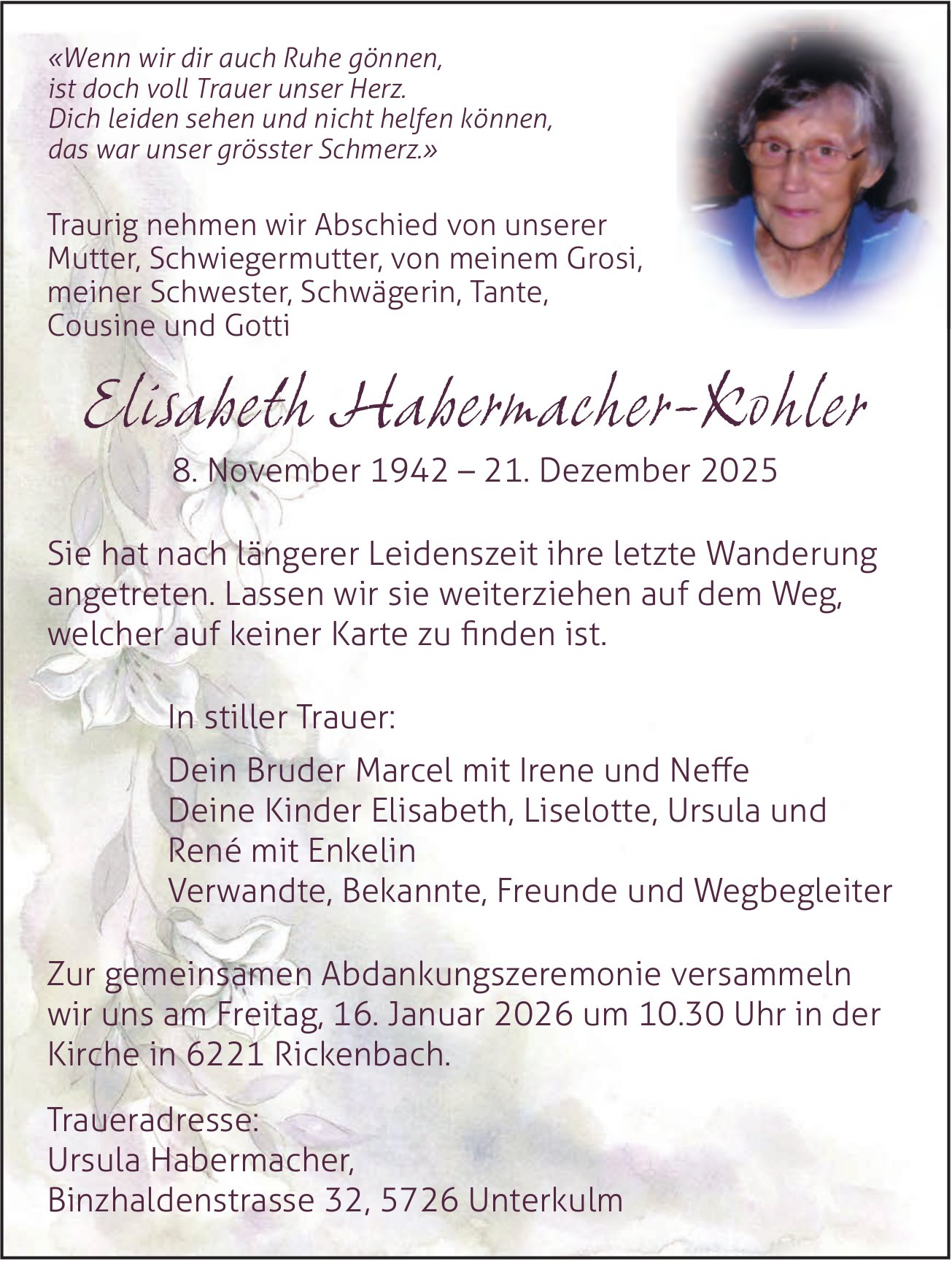 Habermacher-Kohler Elisabeth, Dezember 2025 / TA