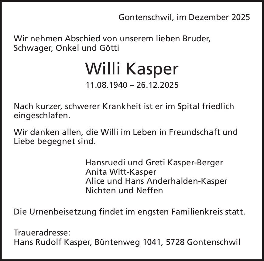 Kasper Willi, Dezember 2025 / TA