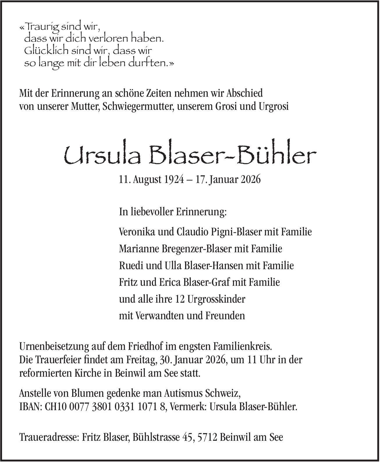 Blaser-Bühler Ursula, Januar 2026 / TA