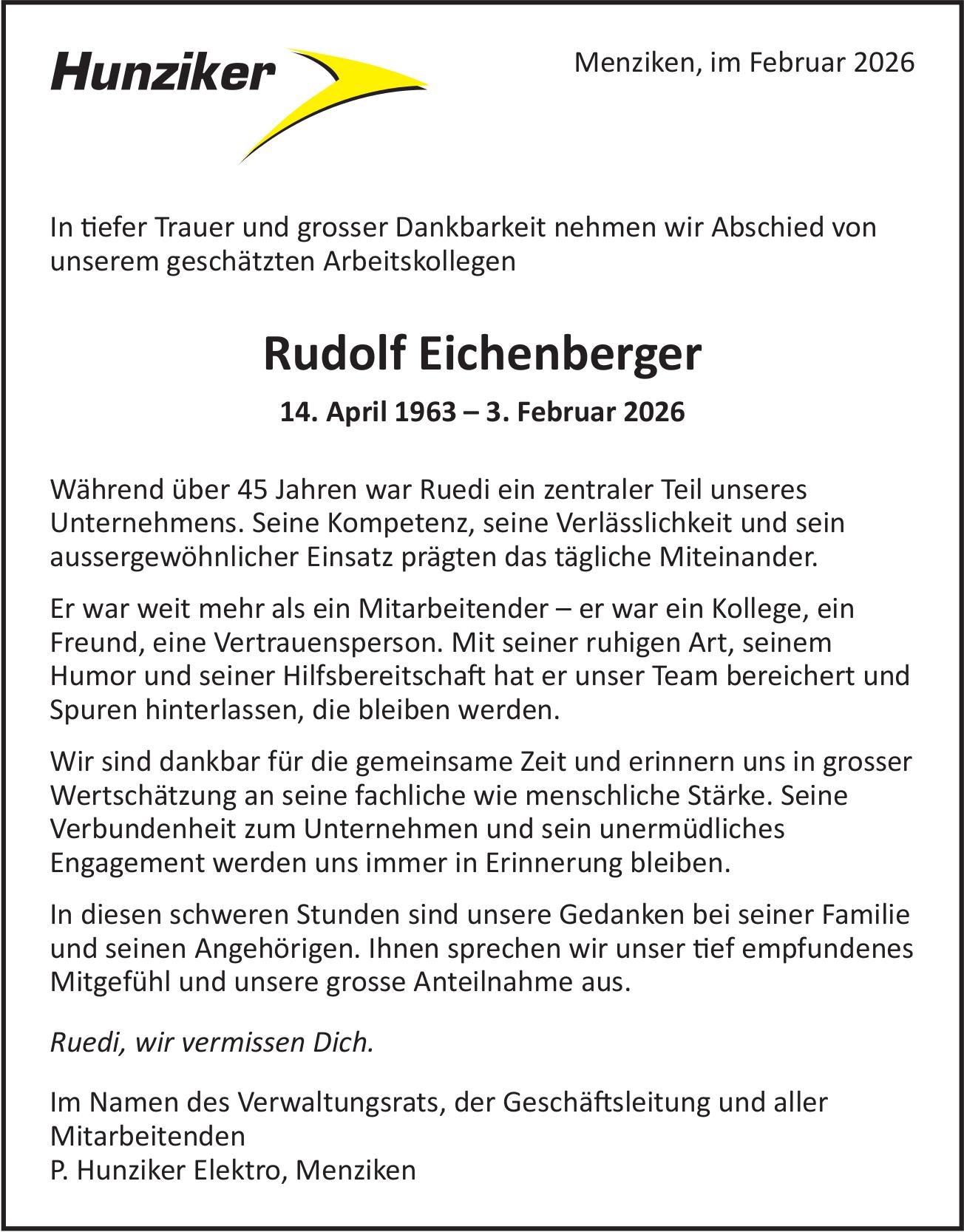 Eichenberger Rudolf, Februar 2026 / TA