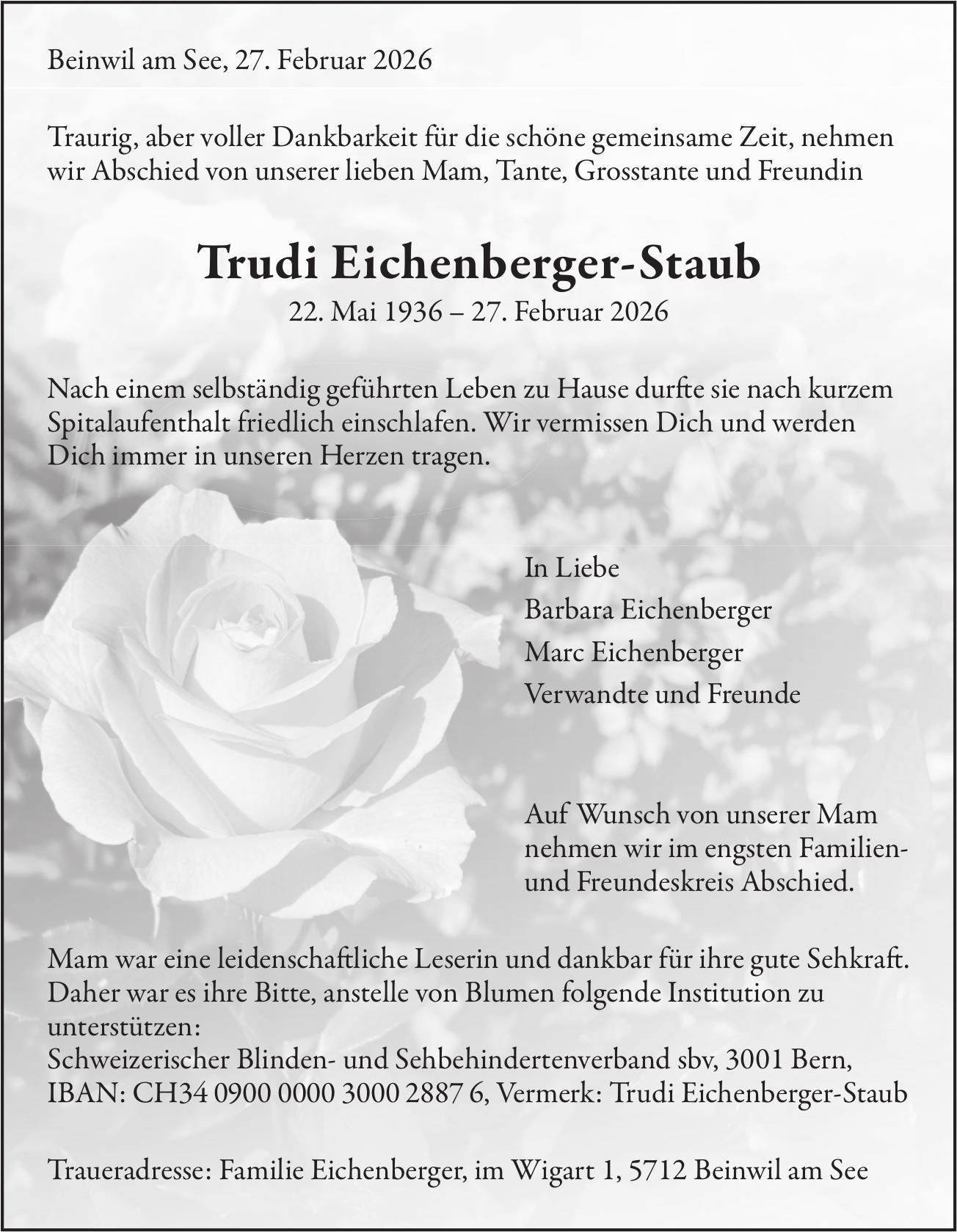 Eichenberger-Staub Trudi, Februar 2026 / TA