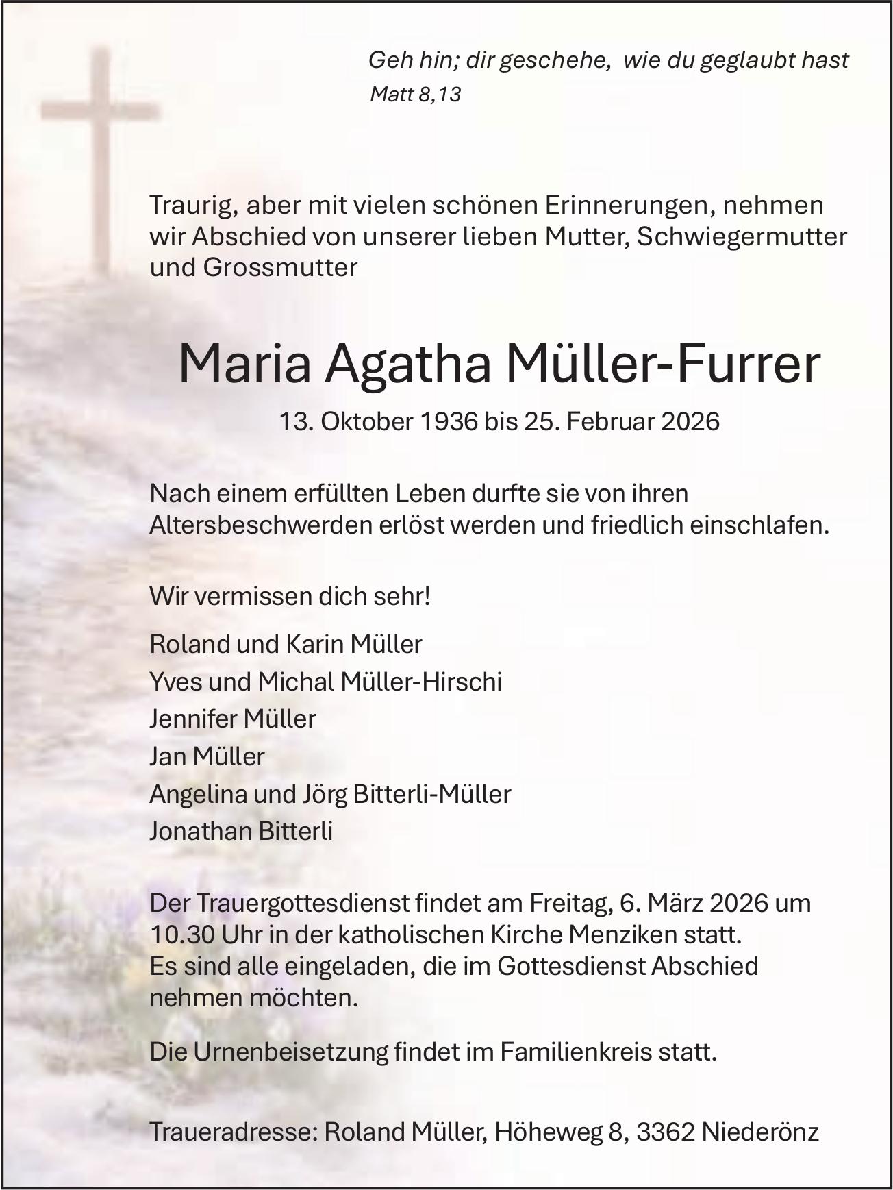 Müller-Furrer Maria Agatha, Februar 2026 / TA