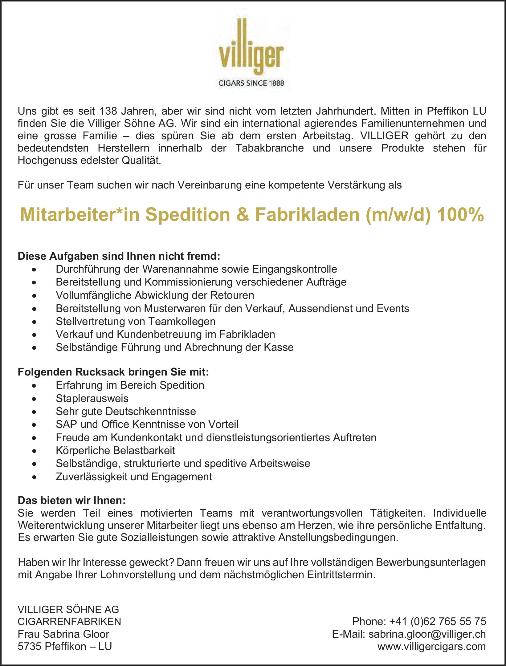 Mitarbeiter*in Spedition & Fabrikladen (m/w/d) 100%, VILLIGER SÖHNE AG, Pfeffikon, Gesucht