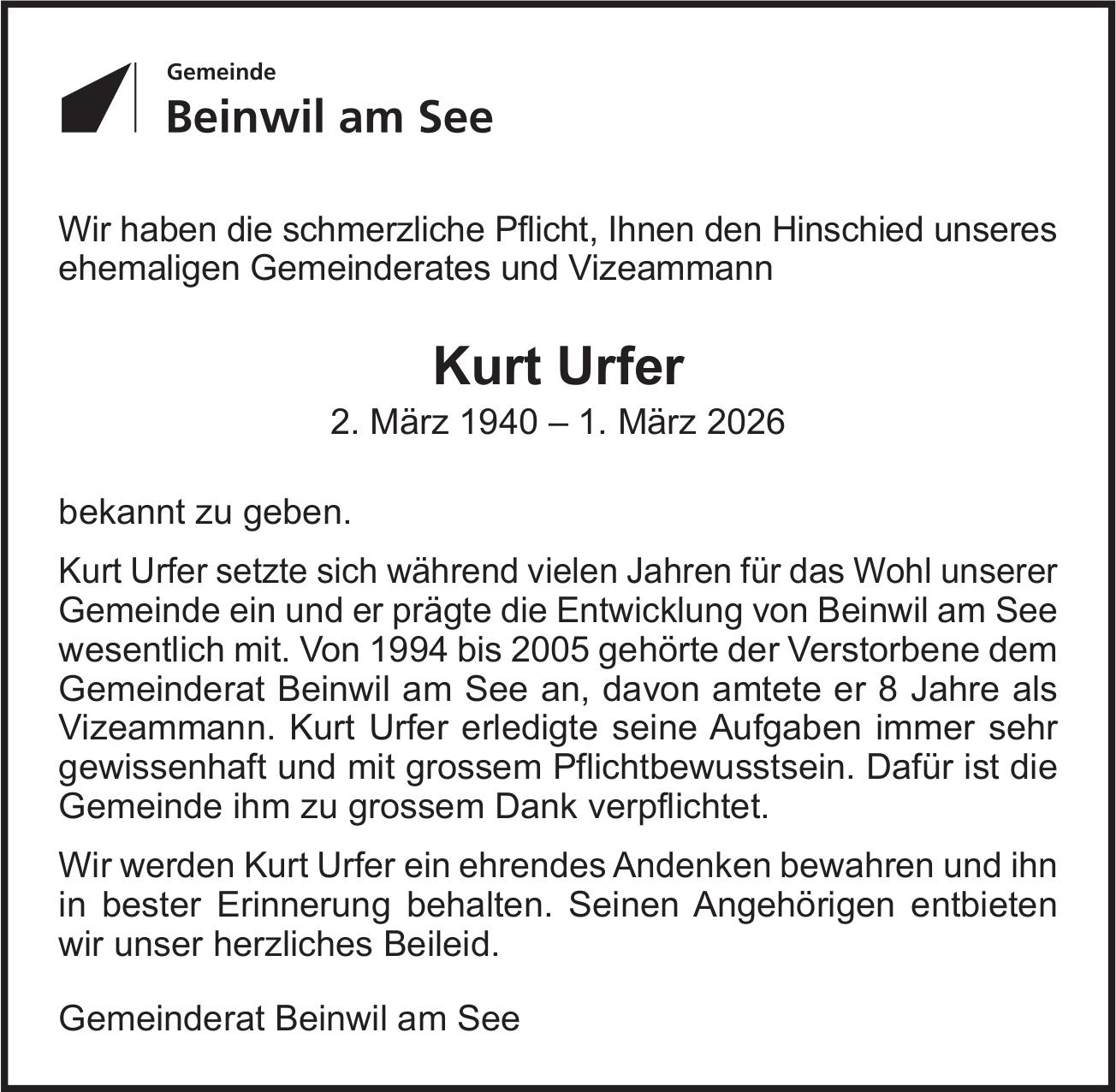 Urfer Kurt, März 2026 / TA