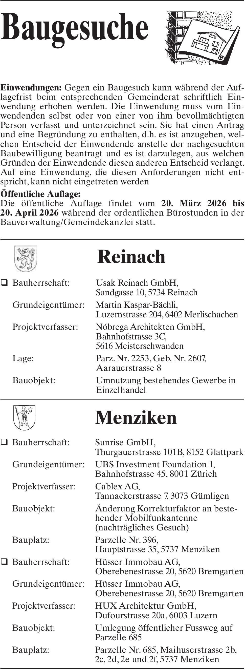 Baugesuche, Reinach, Menziken
