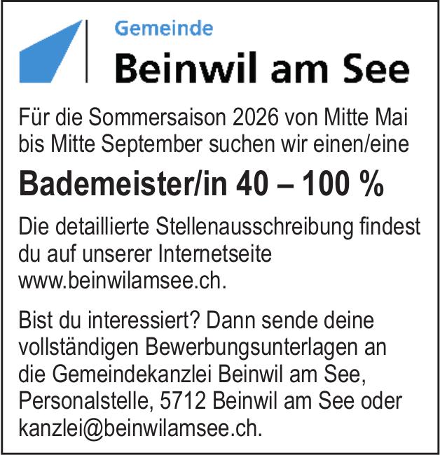 Bademeister/in 40 – 100 %, Gemeinde Beinwil am See, Gesucht