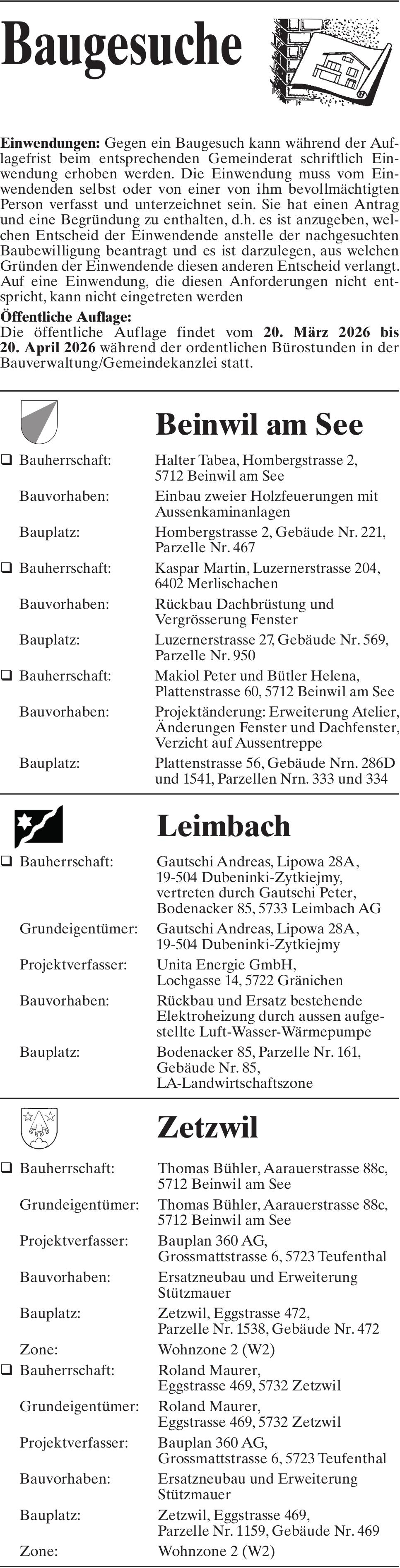 Baugesuche, Beinwil am See, Leimbach, Zetzwil