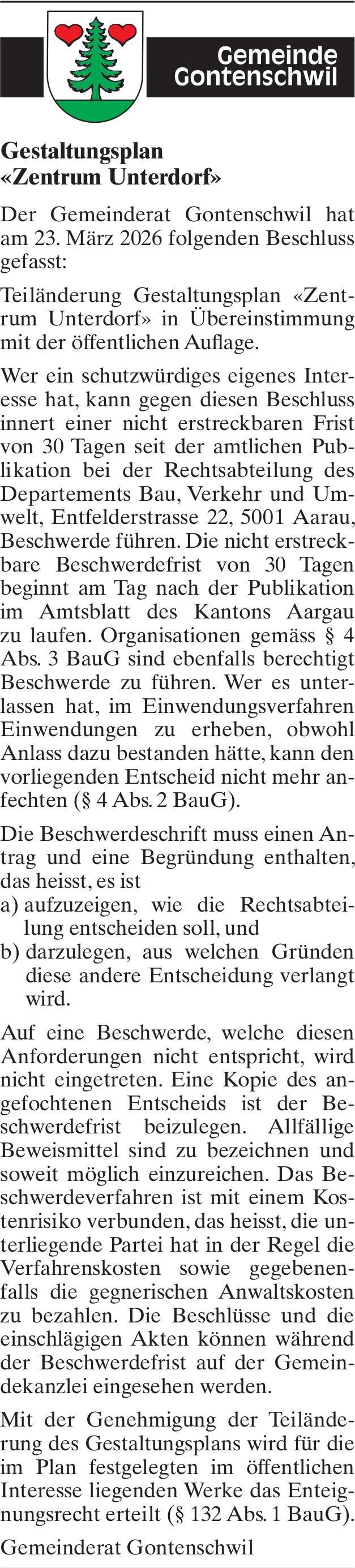 Lokale Gemeinschaft, Gemeinde Gontenschwil, Gestaltungsplan «Zentrum Unterdorf»