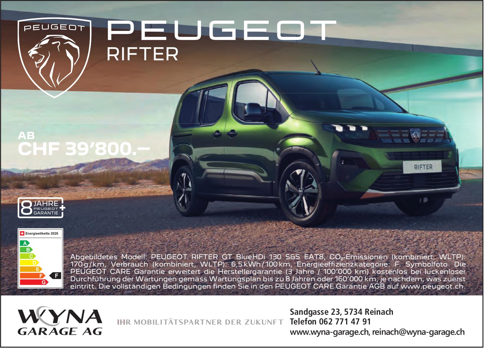 WYNA GARAGE AG, Reinach - PEUGEOT RIFTER - AB CHF 39'800.–