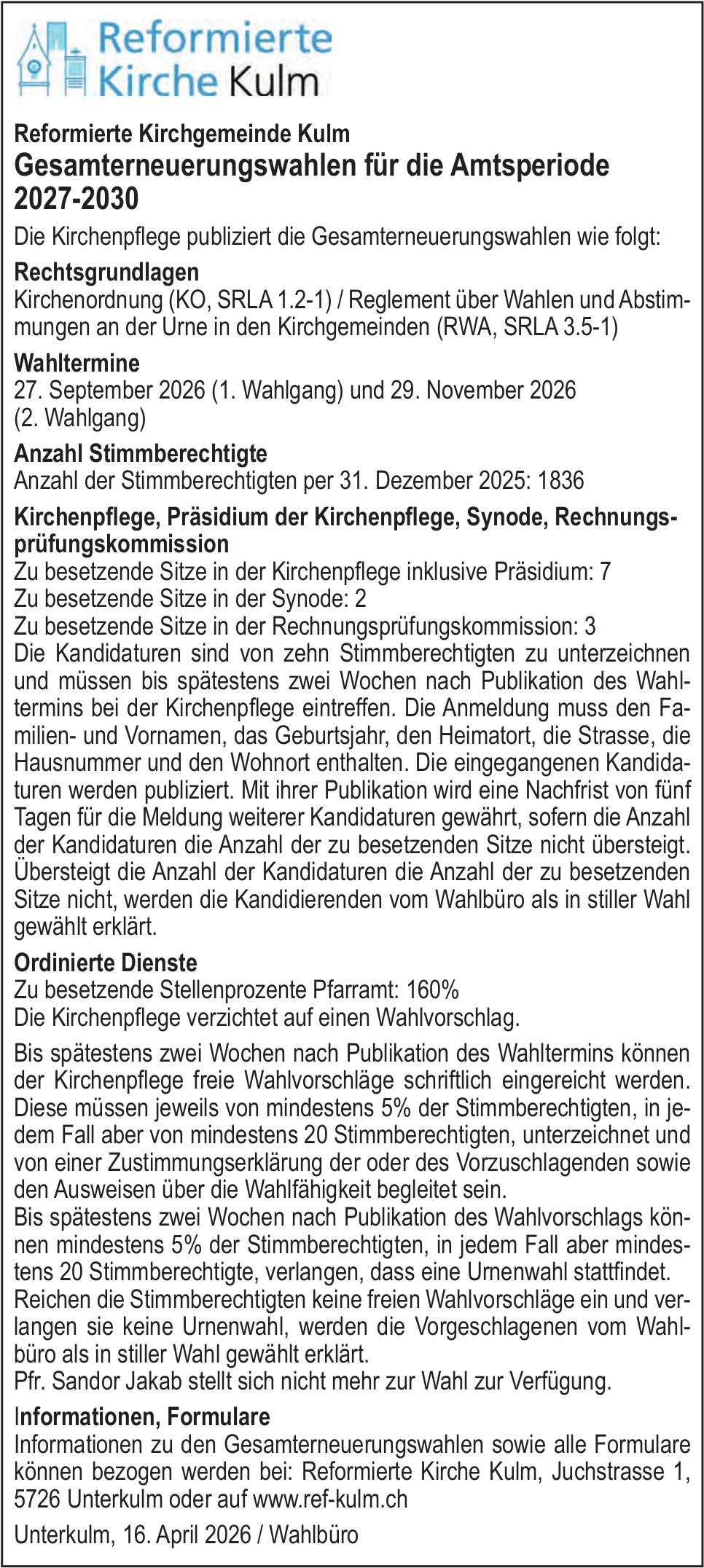 Lokale Gemeinschaft, Unterkulm - Reformierte Kirchgemeinde Kulm, Gesamterneuerungswahlen für die Amtsperiode 2027-2030