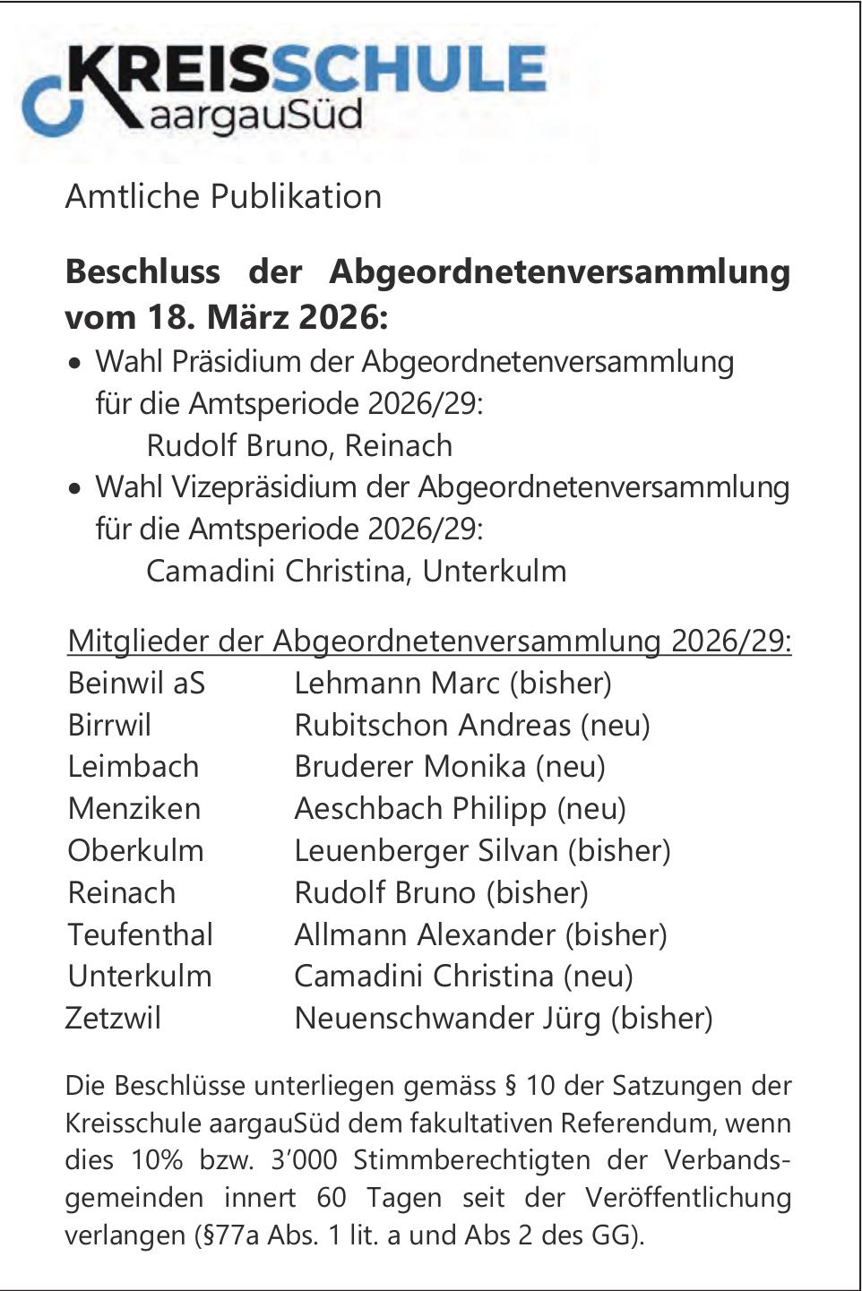 Sonstiges, Beschluss der Abgeordnetenversammlung vom 18. März 2026