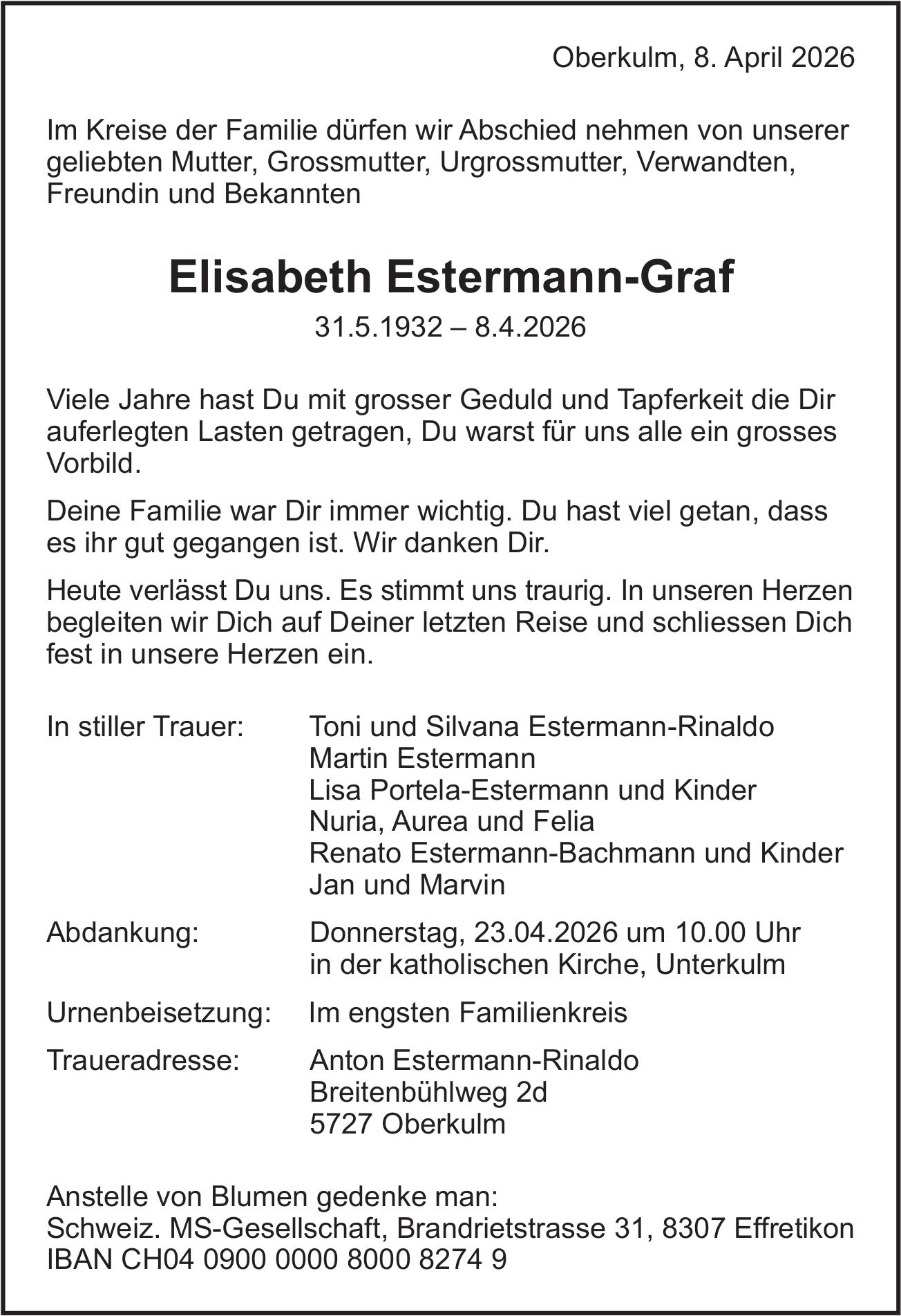 Estermann-Graf Elisabeth, April 2026 / TA