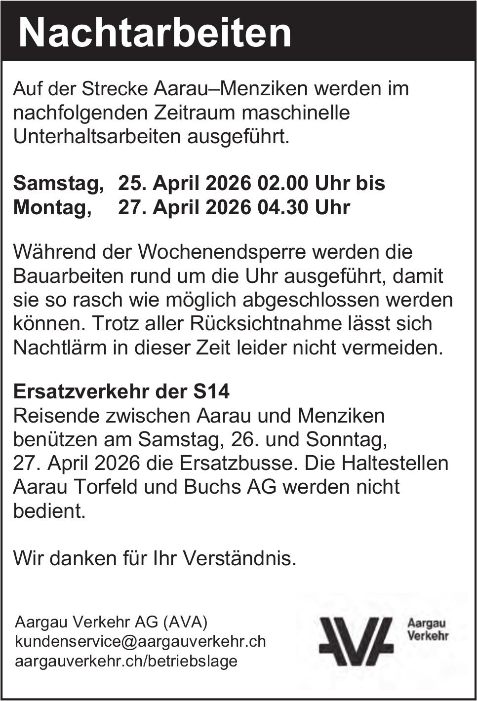 Verkehrsmaßnahmen / Wartungsarbeiten, Aargau Verkehr AG (AVA), Nachtarbeiten