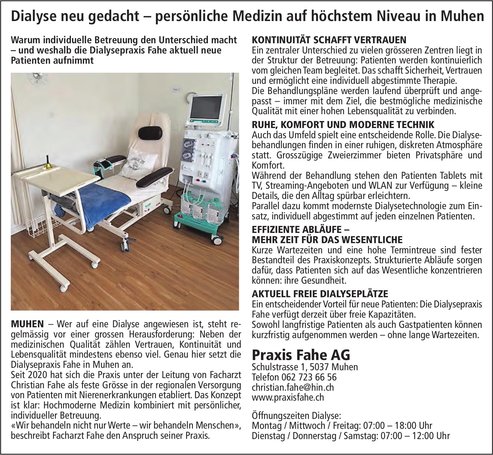 Praxis Fahe AG, Muhen - Dialyse neu gedacht – persönliche Medizin auf höchstem Niveau in Muhen