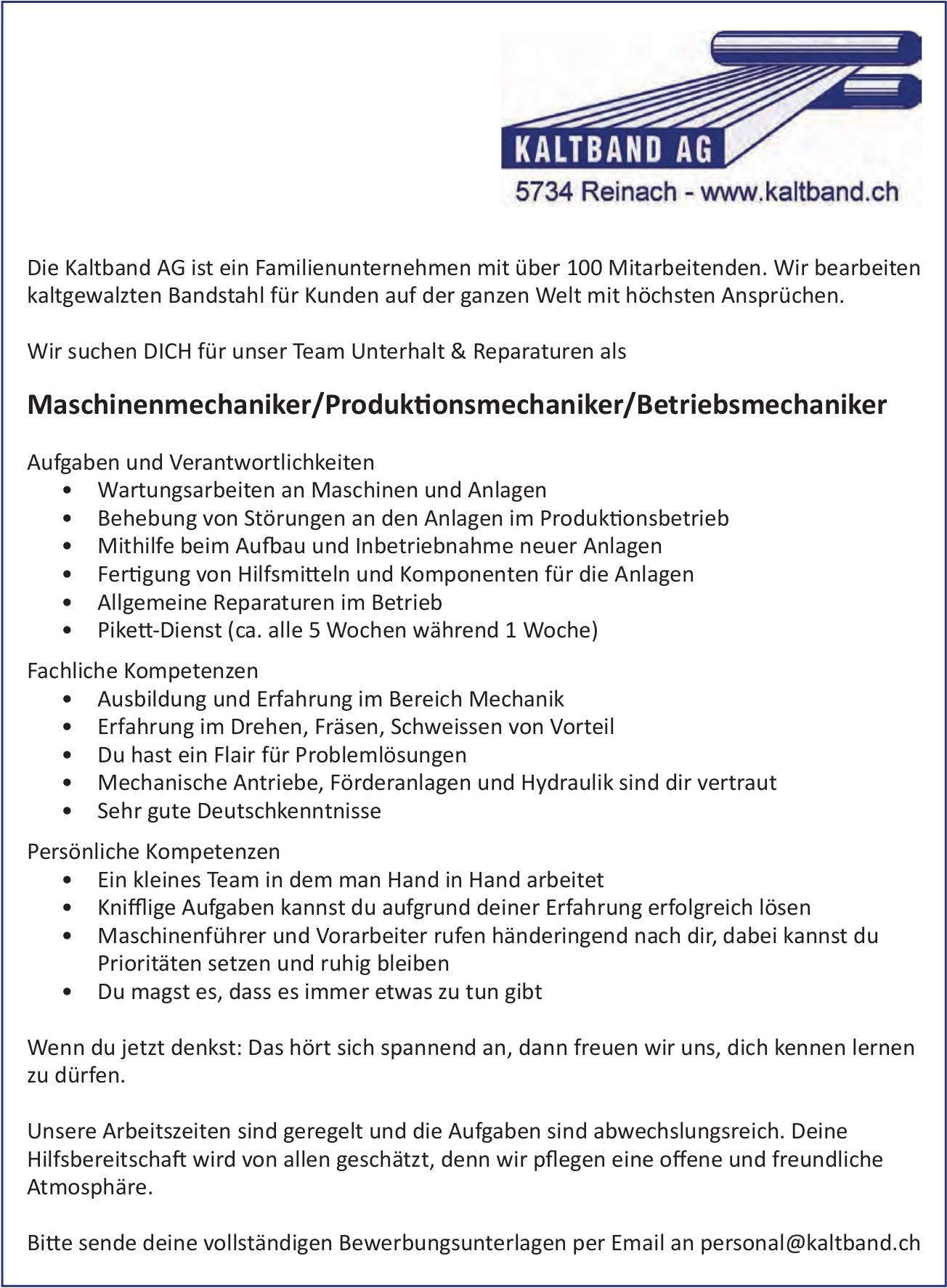 Maschinenmechaniker/Produktionsmechaniker/Betriebsmechaniker, Kaltband AG, Gesucht